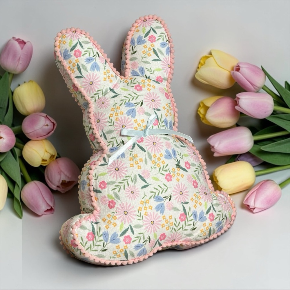Floral Pastel Easter Bunny Peep Shaped Plush Pom Pom Accent Decorative Pillow